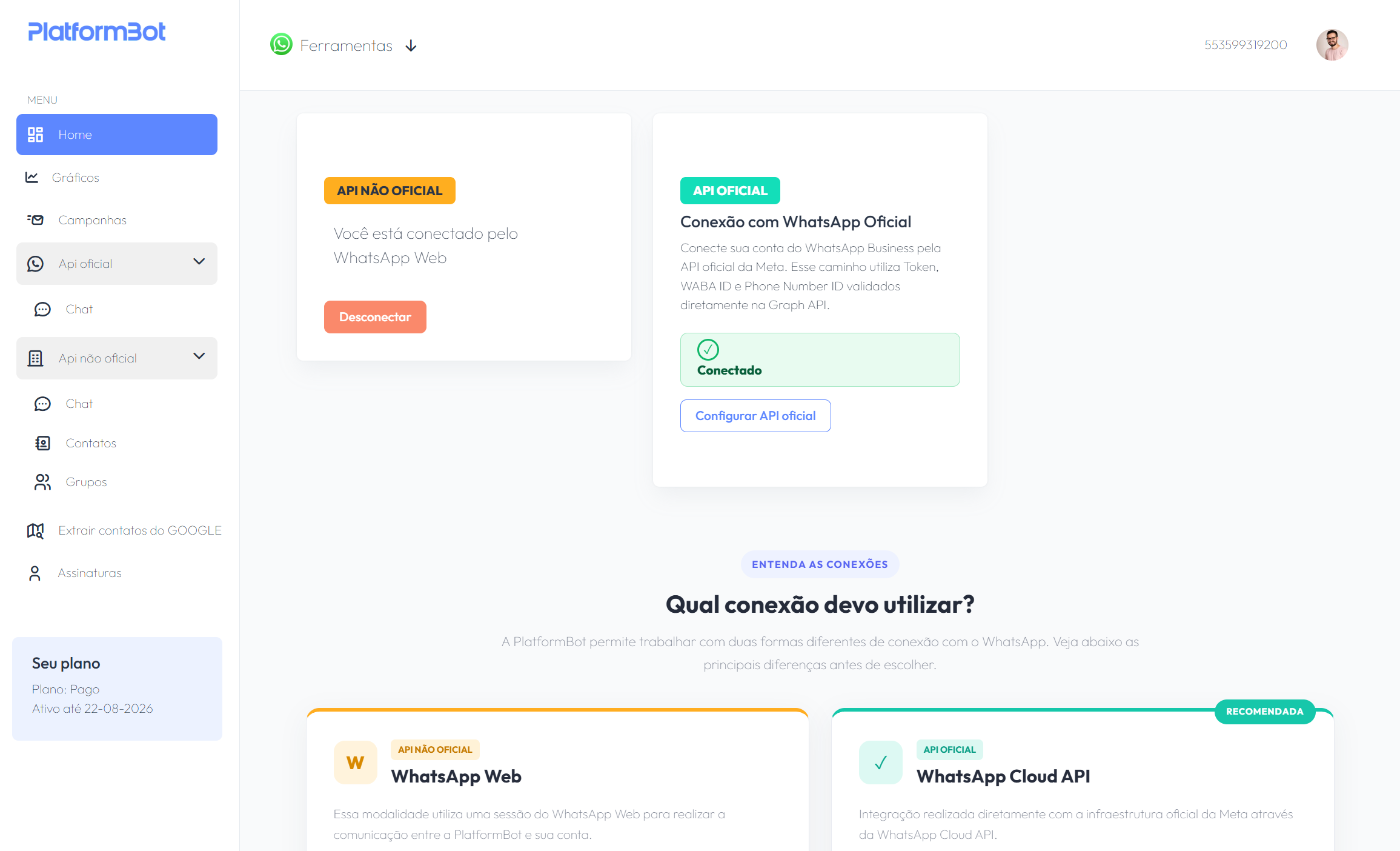 Tela de conexão do WhatsApp na PlatformBot