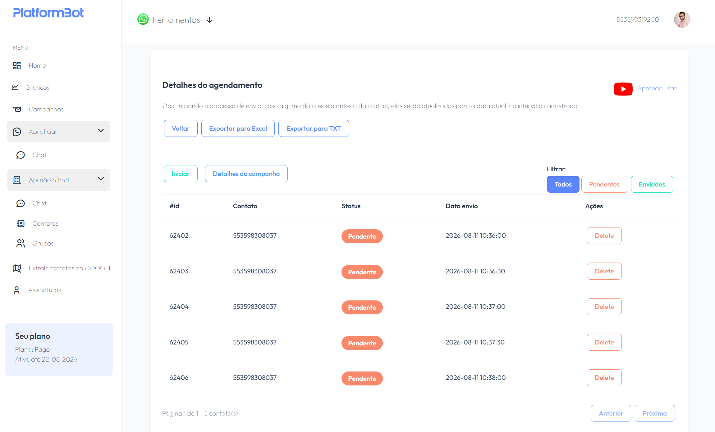 Tela de gerenciamento de campanhas na PlatformBot