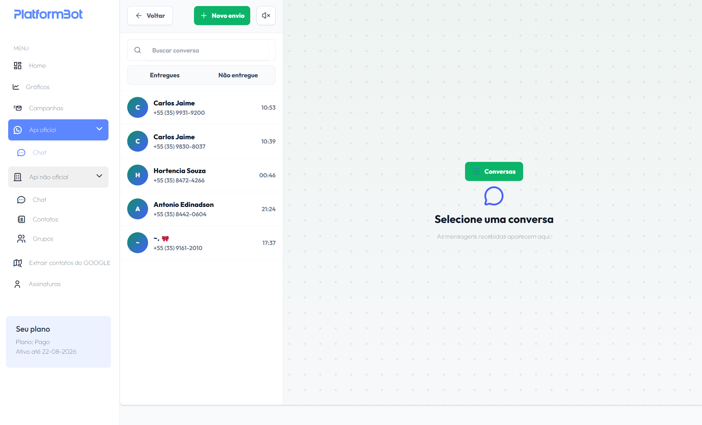 Tela de chat integrado da PlatformBot