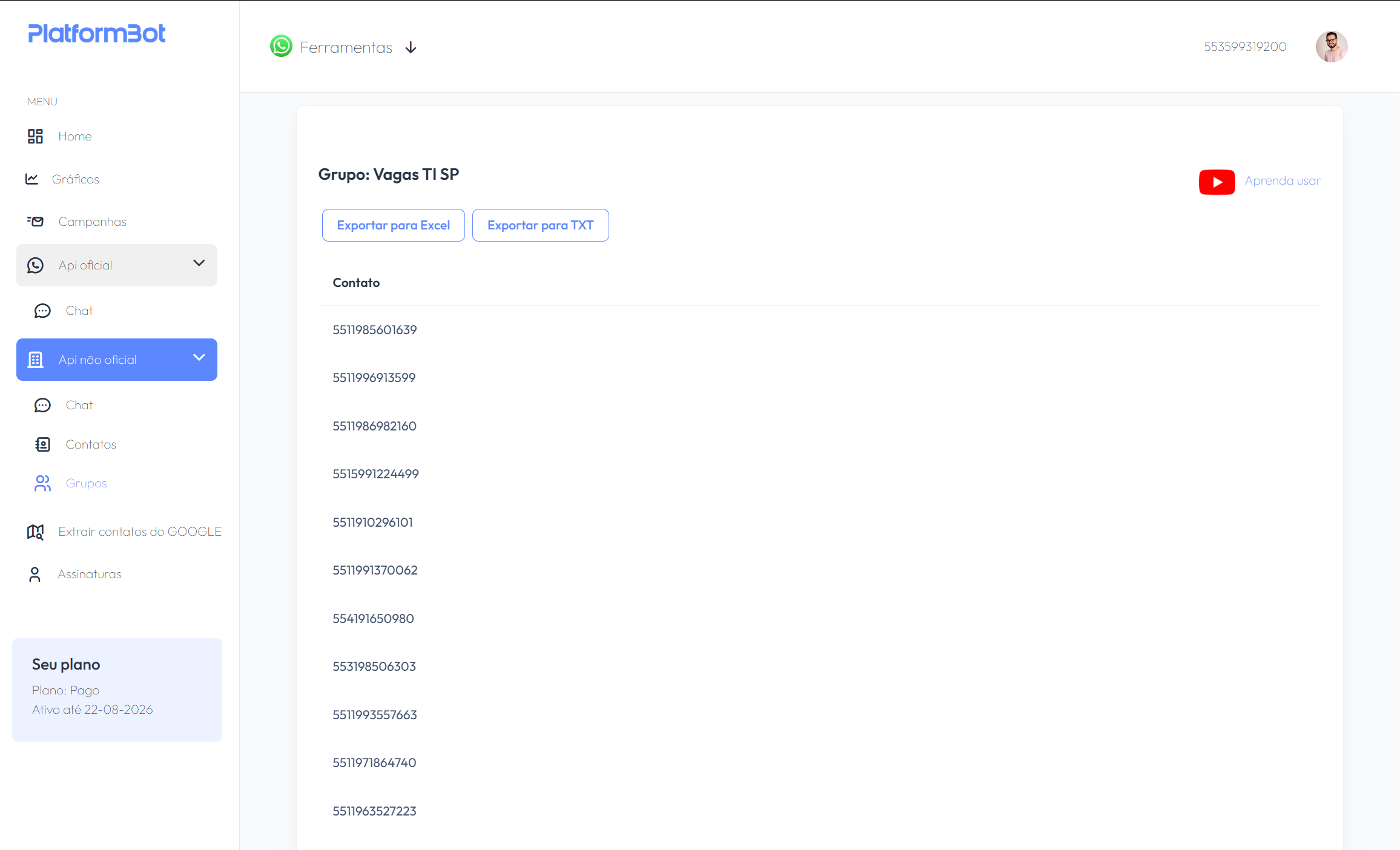 Tela de extração de contatos de grupos na PlatformBot