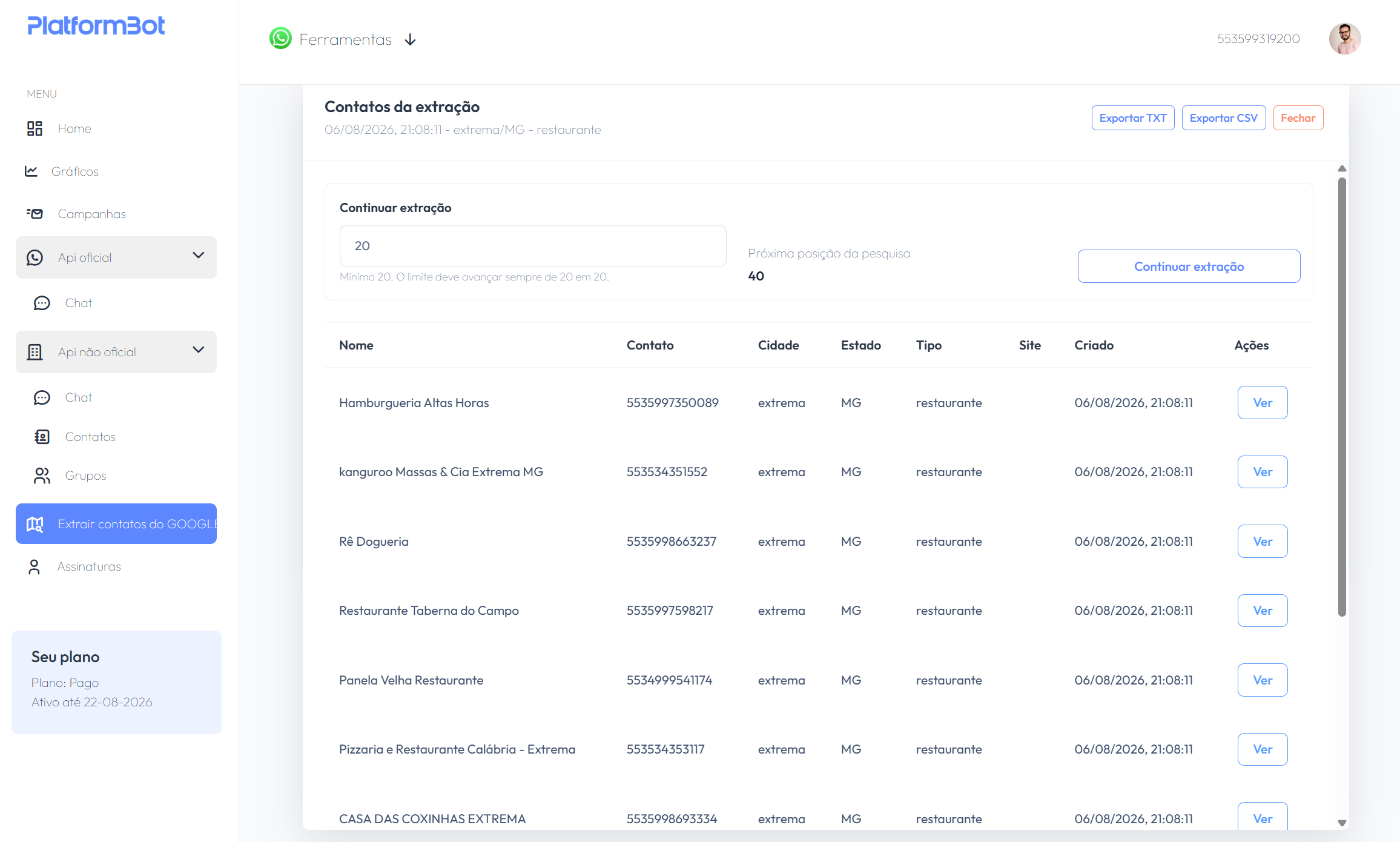 Tela de extração de dados do Google na PlatformBot